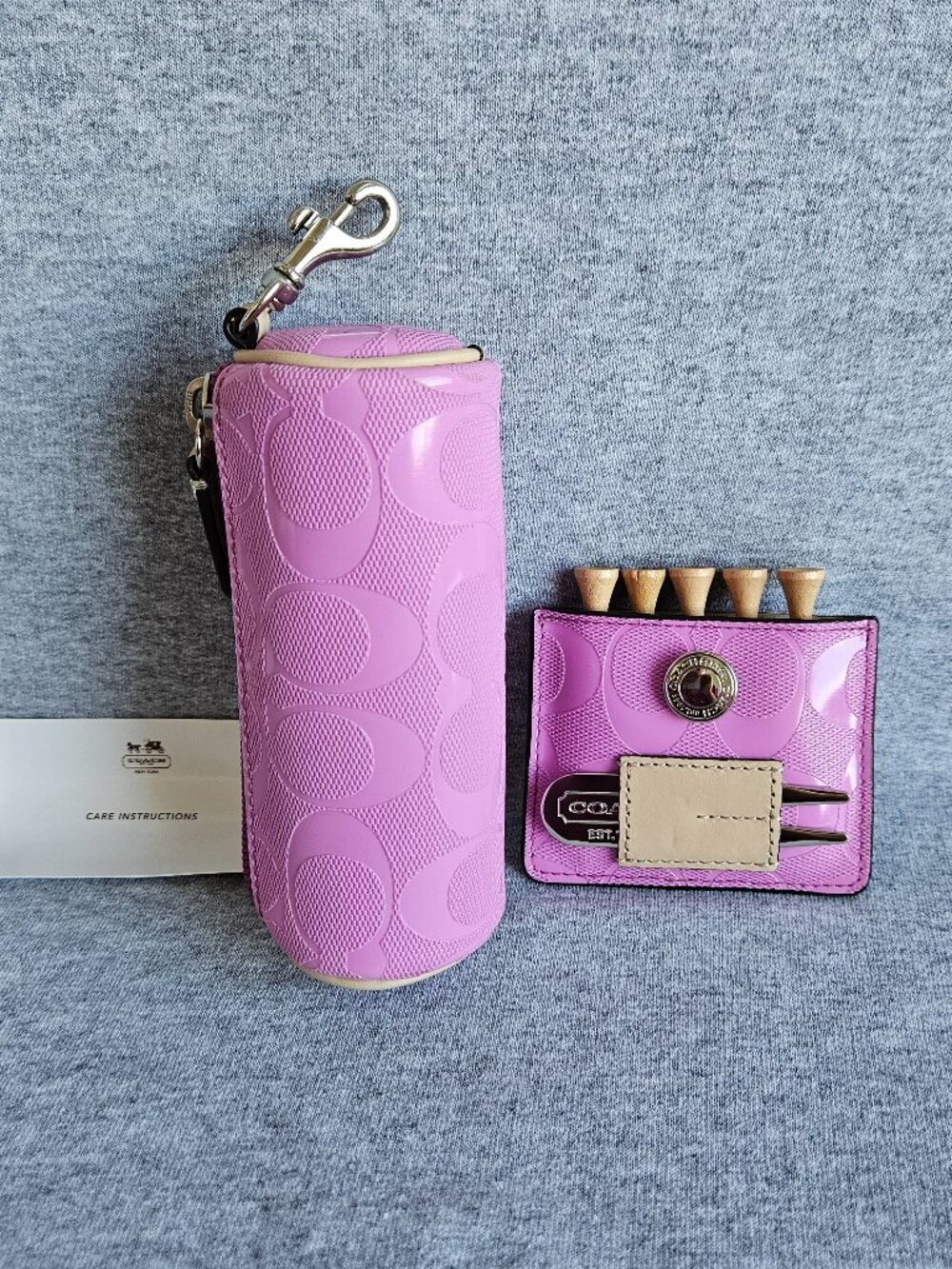Coach Pink Golf Tee Holder with Divot Tool, Ball Marker, Golf Balls & Mini Pouch